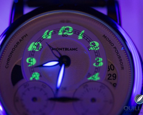 Lume shot of the Montblanc Homage to Nicolas Rieussec monopusher chronograph