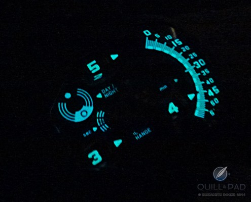 The yellow/green Super-LumiNova of the Urwerk UR-110 TTH glows an electric cool blue in the dark