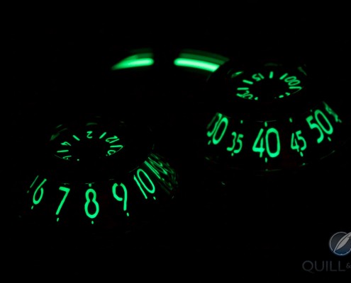 While Super-LumiNova comes in many colors, the active pigments are always green, other colors partially mask the green glow so are less bright. MB&F's HM3 MEGAWIND Final Edition features C3 grade Super-LumiNova, which emits the purest and brightest light