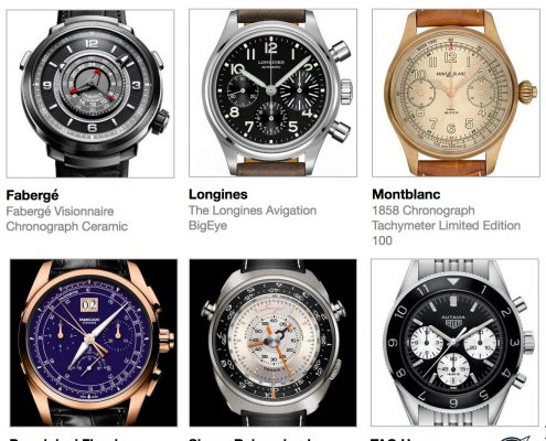 pre-selected Chronograph watches for the 2017 GPHG are, clockwise from top left above: Fabergé Visionnaire Chronograph Ceramic, Longines Avigation BigEye, Montblanc 1858 Chronograph Tachymeter Limited Edition 100, Parmigiani Fleurier Tonda Chrono Anniversaire, Singer Reimagined Track 1, and TAG Heuer Autavia.