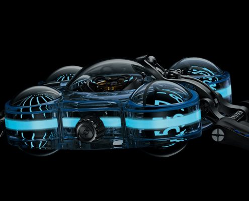 Black Badger AGT Ultra and Super-LumiNova provide a blue lume spectacular when the lights go down on MB&F HM6 Alien Nation