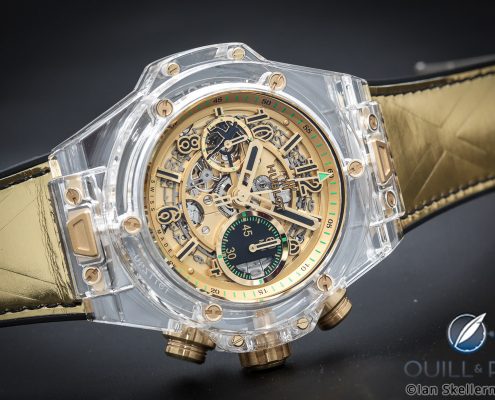 View through the display back of the Hublot Big Bang Unico Sapphire Usain Bolt Only Watch 2017