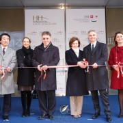 FHH Mastery of time ribbon cutting ceremony. L-R: Ambassador Yutaka Nishimura; Ambassador Urs Bucher and wife; Swiss President Didier Burkhalter and wife; FHH president Fabienne Lupo