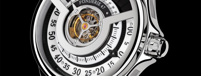 Inversion Principle by Fonderie 47: central 3-minute tourbillon, juming hours, retrograde minutes, dual display power reserve indicator