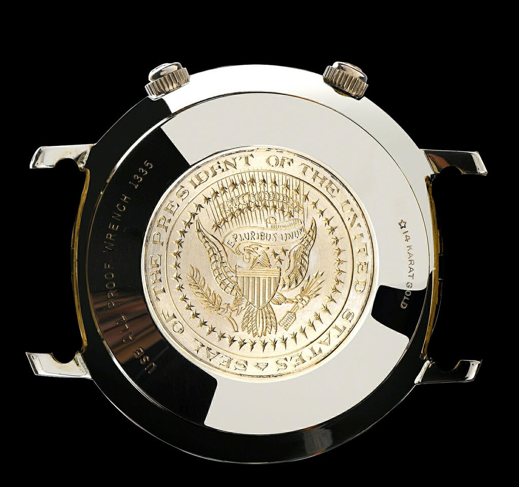 Presidential seal on the back of LeCoultre watch belonging to Lyndon B. Johnson, 36th President of the United States (1963–1969). Photo courtesy Hodinekee