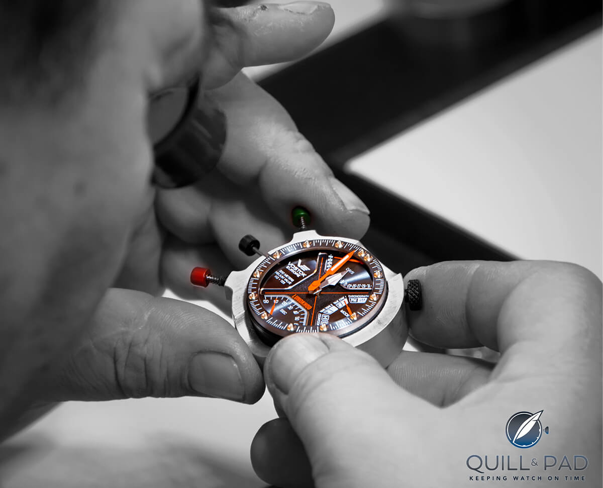 Watchmaker assembles the Vostok-Europe Lunokhod 2, the first to use a Soprod movement, in Vilnius, Lithuania. Photo courtesy Tim Temple Imagery