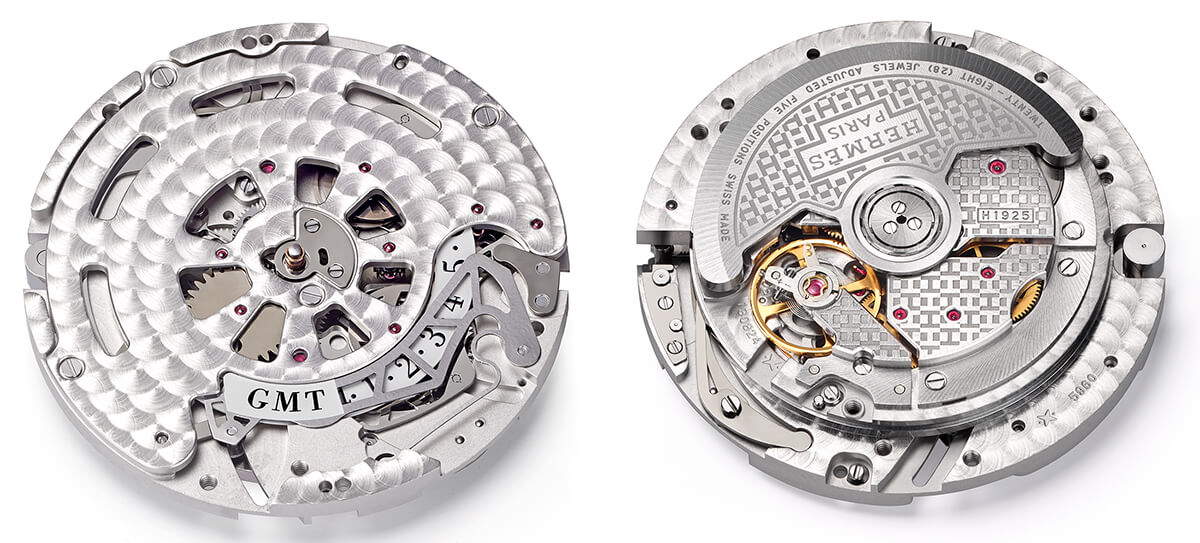 Dial side (left) and movement side (right) of Hermès/Vaucher automatic Caliber H1925