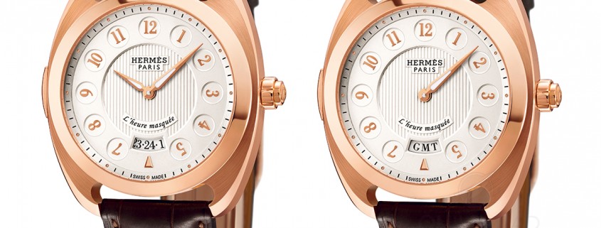 Hermes Dressage L'heure masquée in red gold. Time "unveiled" (left) and veiled (right)