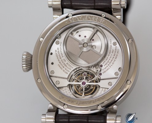 Back of the Magister Tourbillon by Speake-Marin with platinum micro rotor at the top and back of tourbillon below