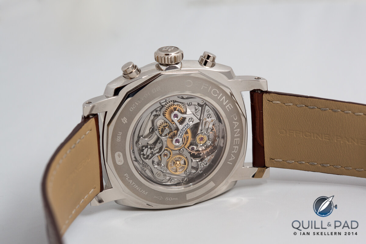Through the display back of the Panerai Radiomir 1940 Chronograph in white gold