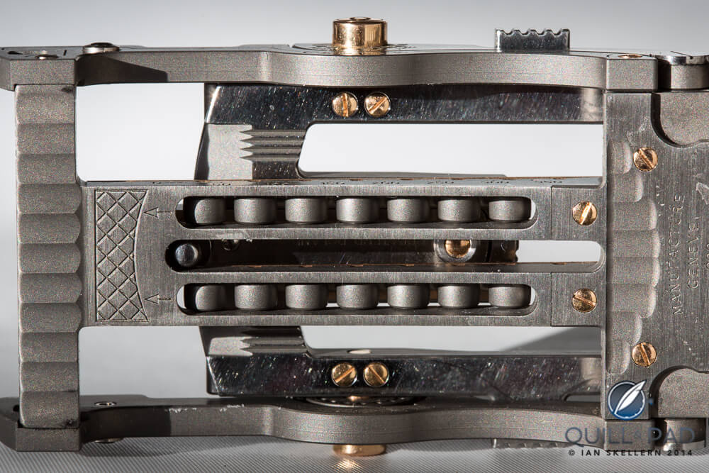 Underside of Roland Iten Mark II Sport.Those rollers make the belt slide smoothly
