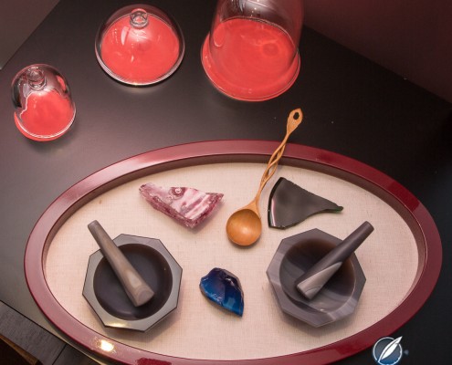 Enamel powered and implements make for a miniature Japanese Zen Garden at Delaneau