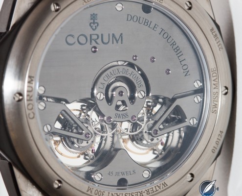 Through the display back of the Corum Admirals Cup AC-One 45 Double Tourbillon