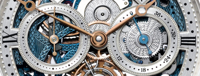 Intricately skeletonized and engraved dial of the Grieb & Benzinger Blue Merit