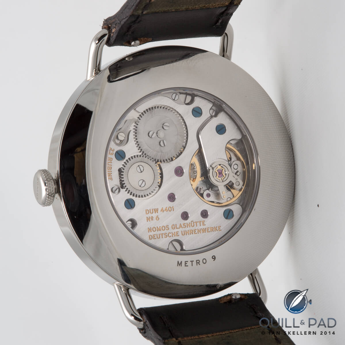 Back of the Nomos Metro with new Swing System escapement