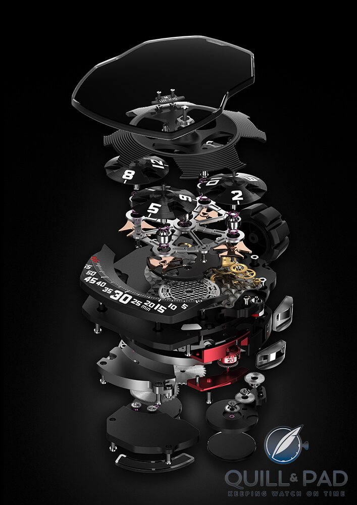 Exploded view of the UR-105M complications and movement