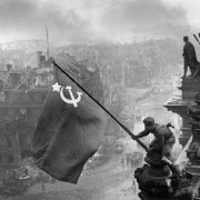 Yevgeny Khaldei's original photo of the Soviet flag being raised on the Reichstag, the German parliament building in the center of Berlin