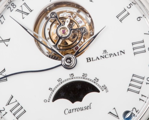Close up of the dial of the Blancpain Villeret Carrousel Moon Phase