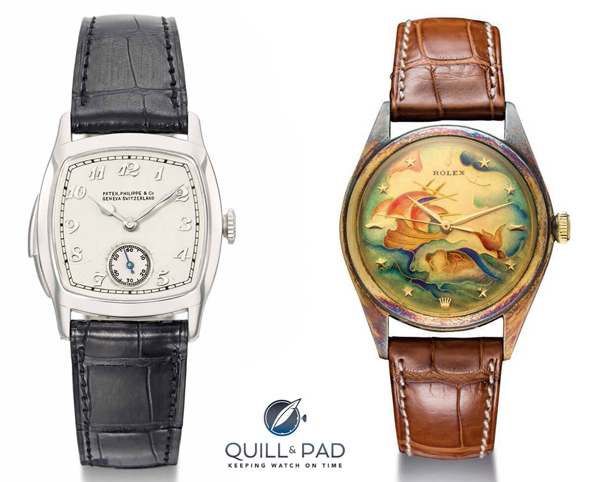 From the Christie's auction; Patek Philippe minute repeater (left) and gold Rolex with a cloisonné enamel dial