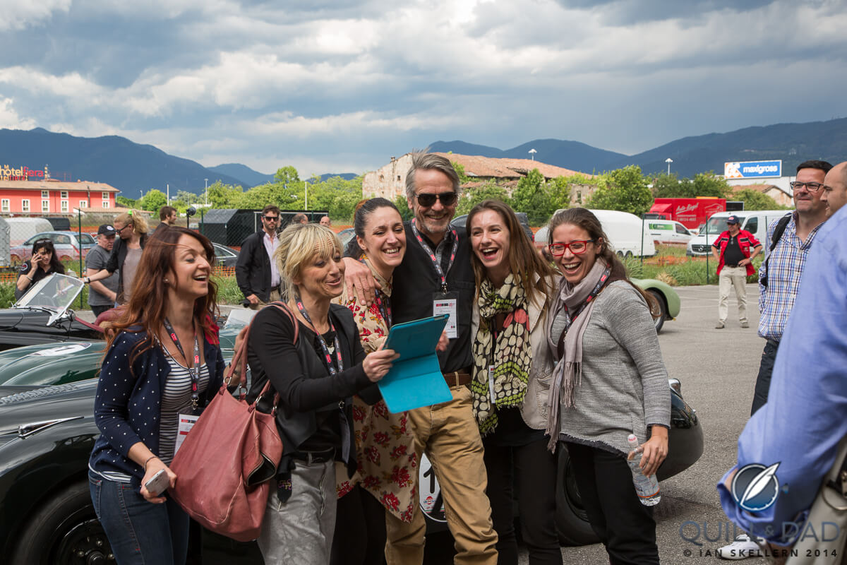 Daniel Day Lewis looking relaxed with fans the day before the Mille Miglia begins