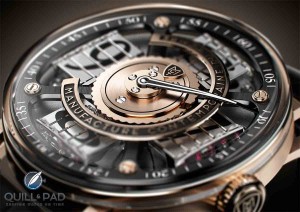 Dial side of the MCT Sequential Two S200 in red gold