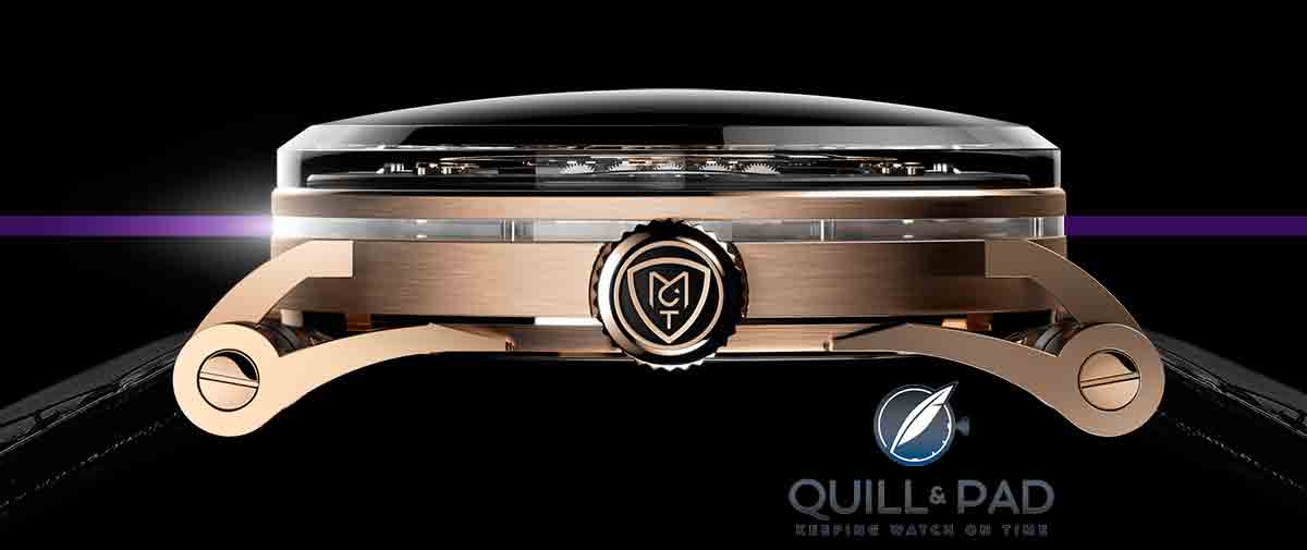 Sapphire crystal ring in the caseband of the MCT Sequential Two S200 in red gold
