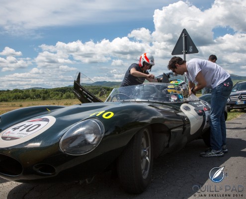 2014 Mille Miglia: Bruno Senna and Martin Brundle stopping to top up the oil in their 1956 Jaguar D-Type