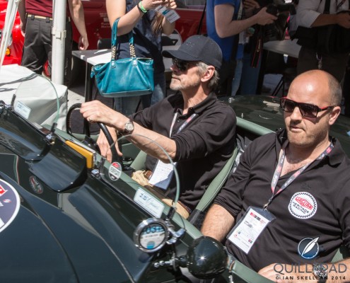 Jeremy Irons concentrating on the route ahead before the start of the 2014 Mille Miglia
