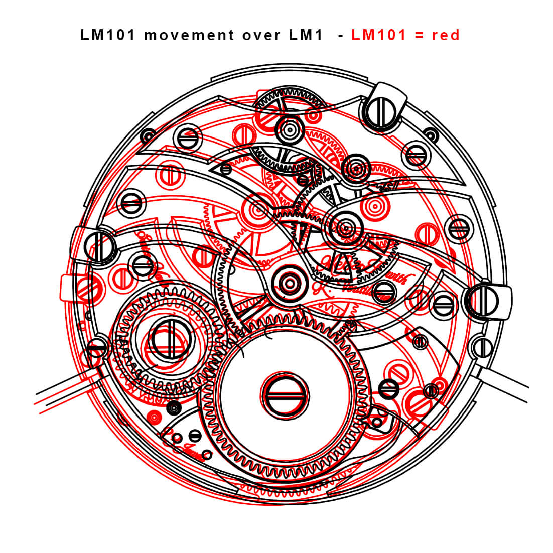 Overlaying movement outline of LM101 (red) over LM1 (black). Mainspring barrel and center wheel are only common components