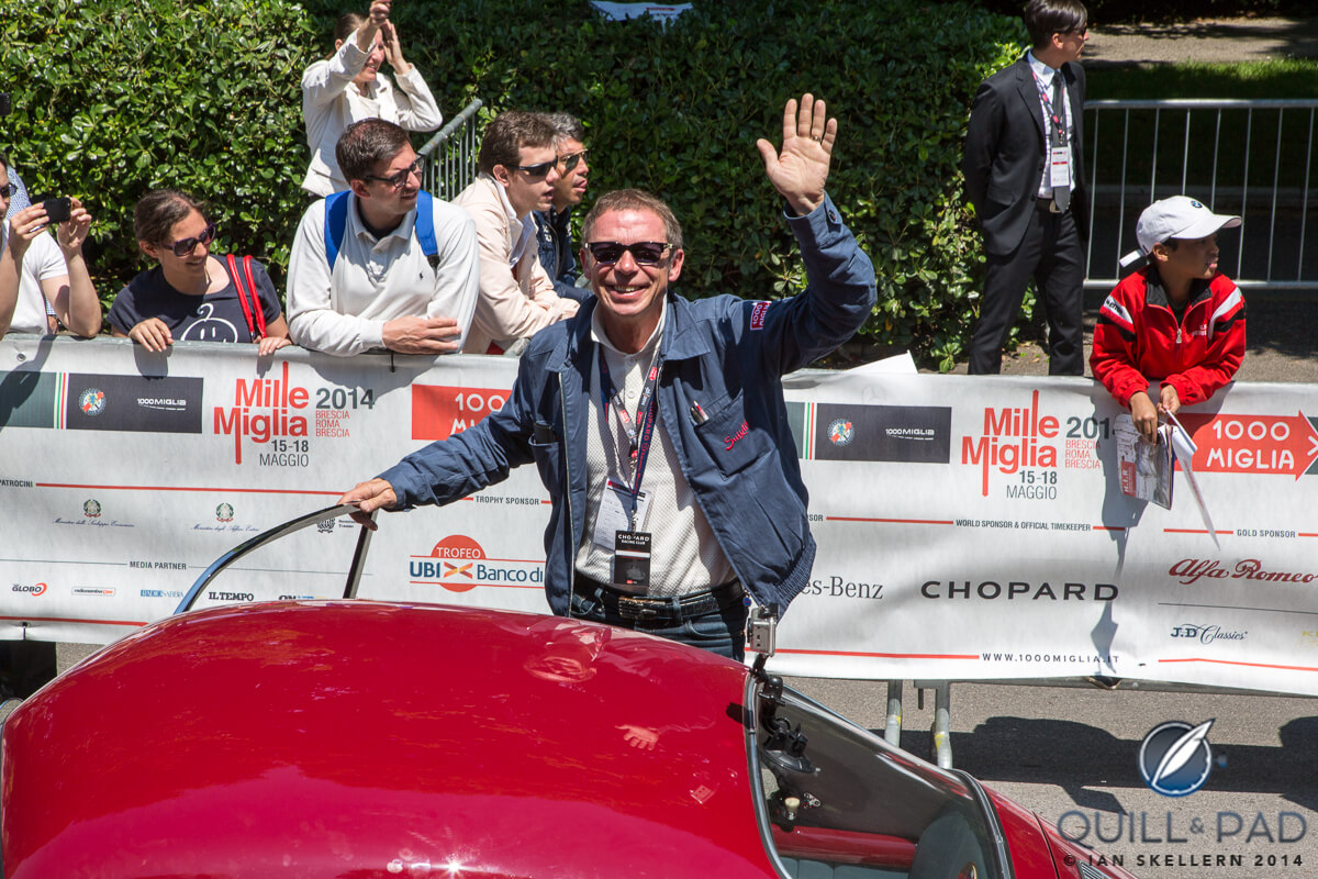 A happy Roland Iten at the finish of the 2014 Mille Miglia