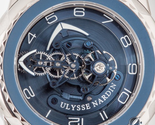 Close up of the dial of the Ulysse Nardin Freak Blue Cruiser