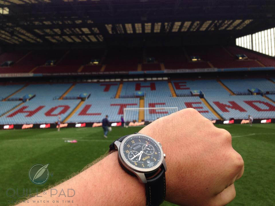 Mike Pearson wearing his Bremont Norton at the Aston Villa pitch in London. Photo courtesy Mike Pearson