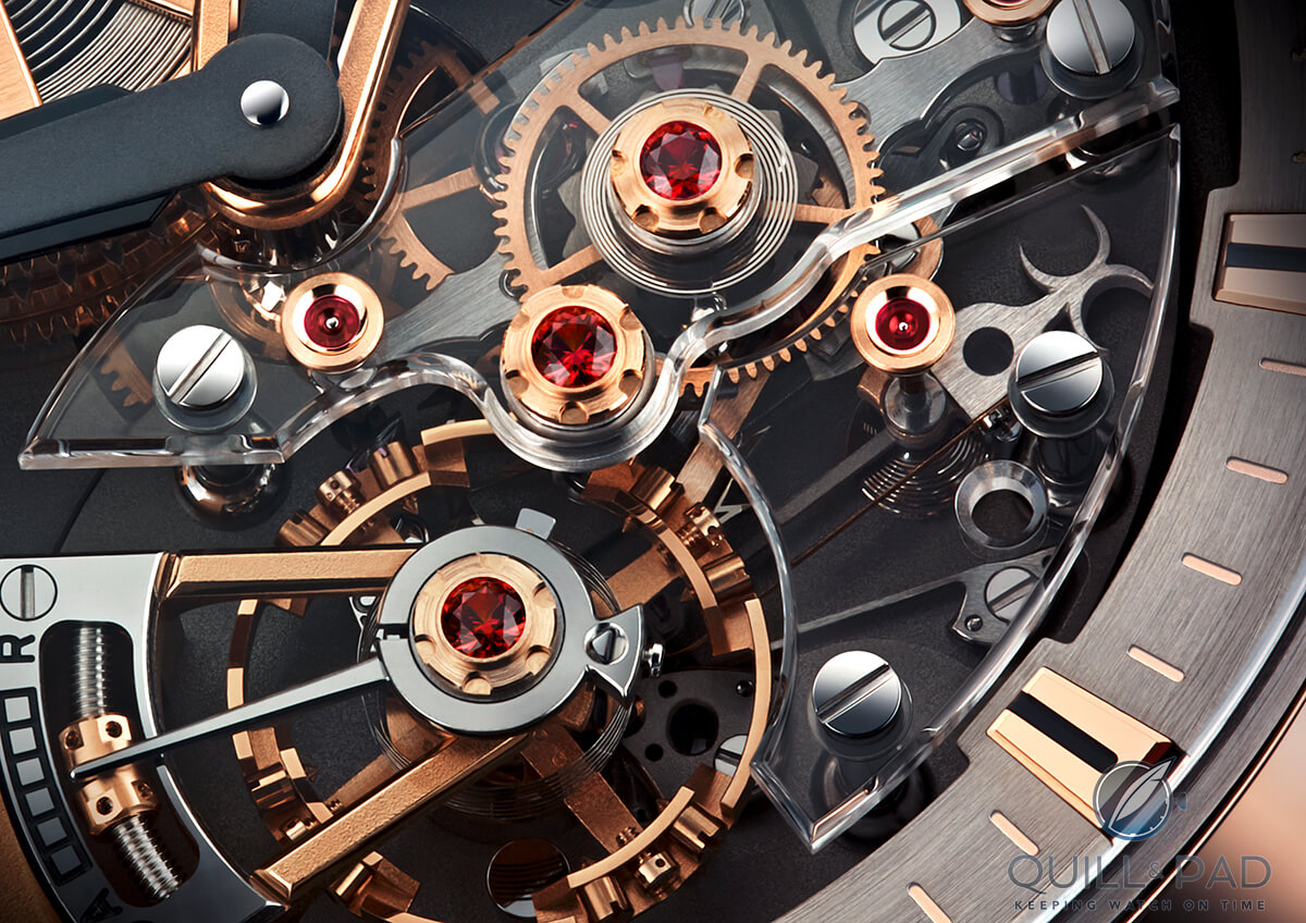 Close up of the Christophe Claret Maestoso dial-side showing the balance, detent escapement and constant force device