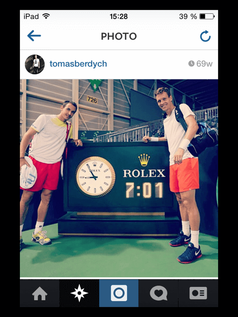 Tomas Berdych and Rolex court clock via Instagram
