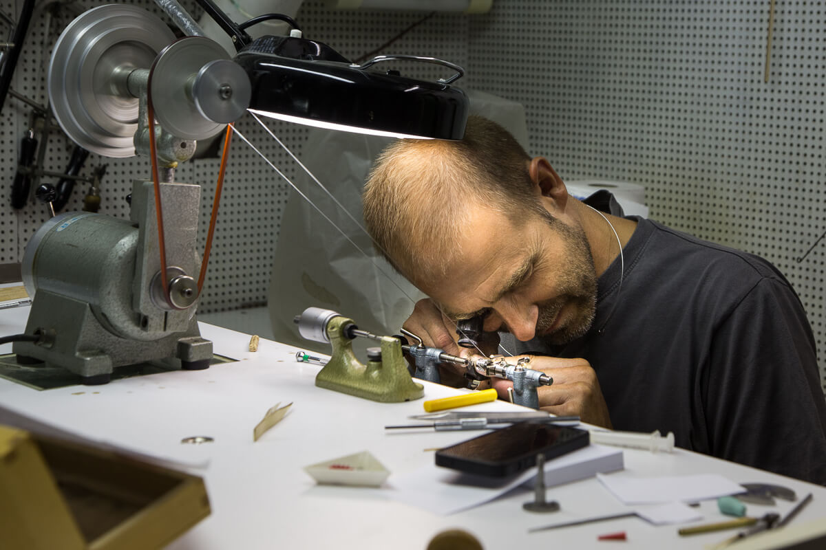 Michel Boulanger working on making components by hand for the Le Garde Temps tourbillon