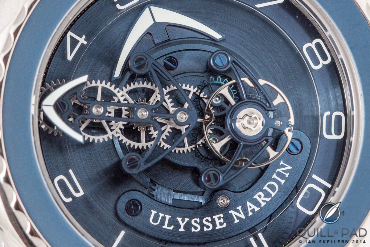 Close up look at the gear train indicator of the Ulysse Nardin Freak-Blue Cruiser
