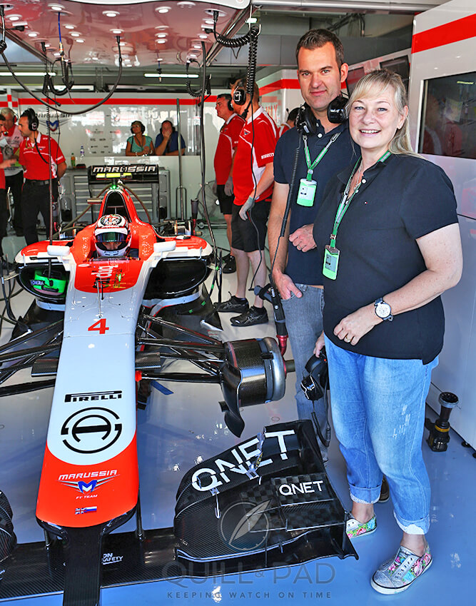 Your author Elizabeth Doerr with Claude Greisler (Armin Strom’s head of technology) in the Marussia Formula 1 team garage at Hockenheim, Germany