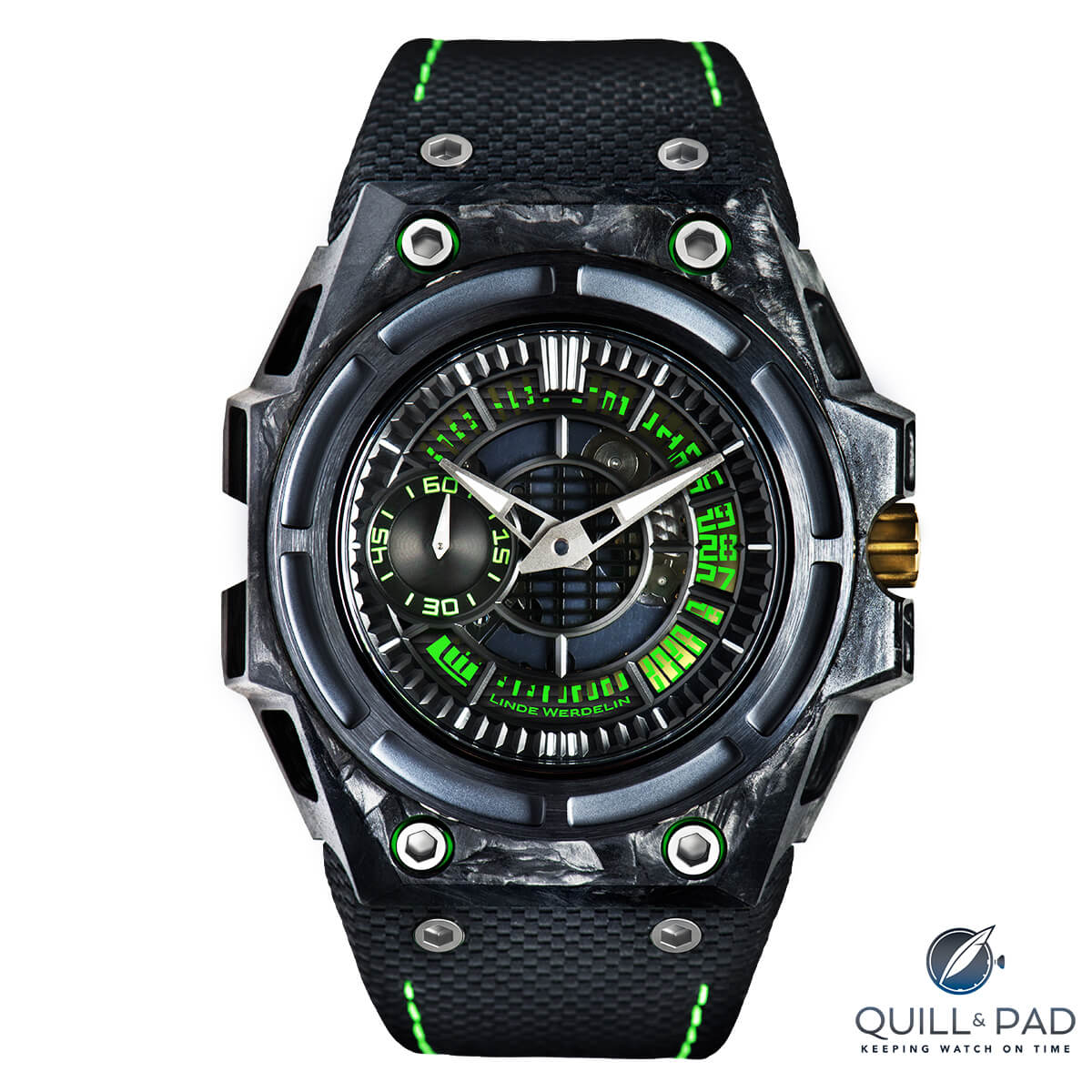 Linde Werdelin Spidolite II Tech with electric green dial elements and matching strap stitching