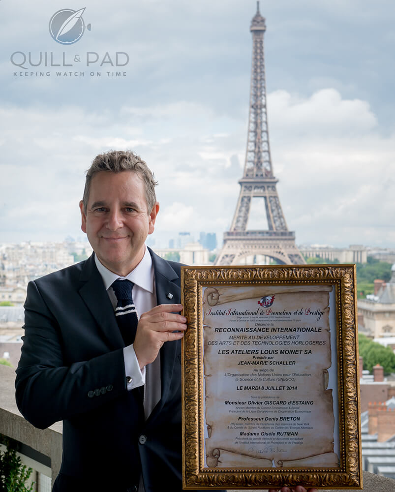 Jean-Marie Schaller, founder and creative director of Louis Moinet, with the Merit for Development award