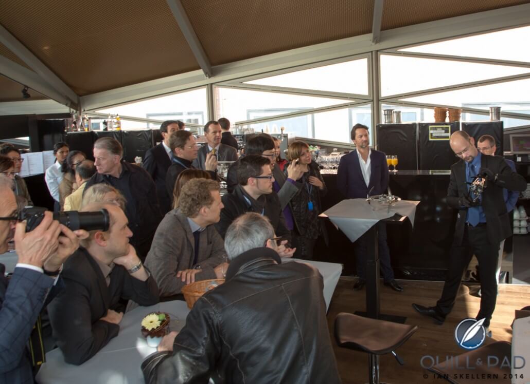 L'Epée CEO Arnaud Nicolas presenting Starfleet Machine by MB&F to journalists at Baselworld 2014
