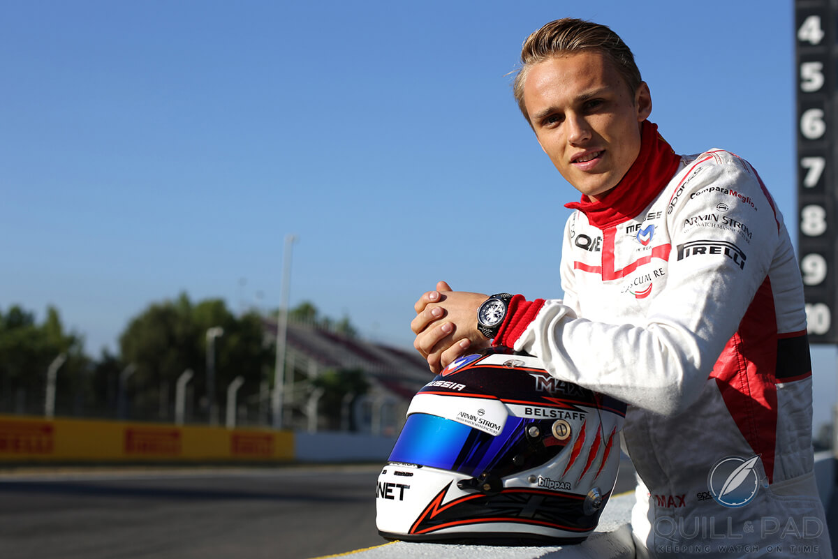 Marussia F1 driver Max Chilton wearing his Armin Strom Racing Gravity