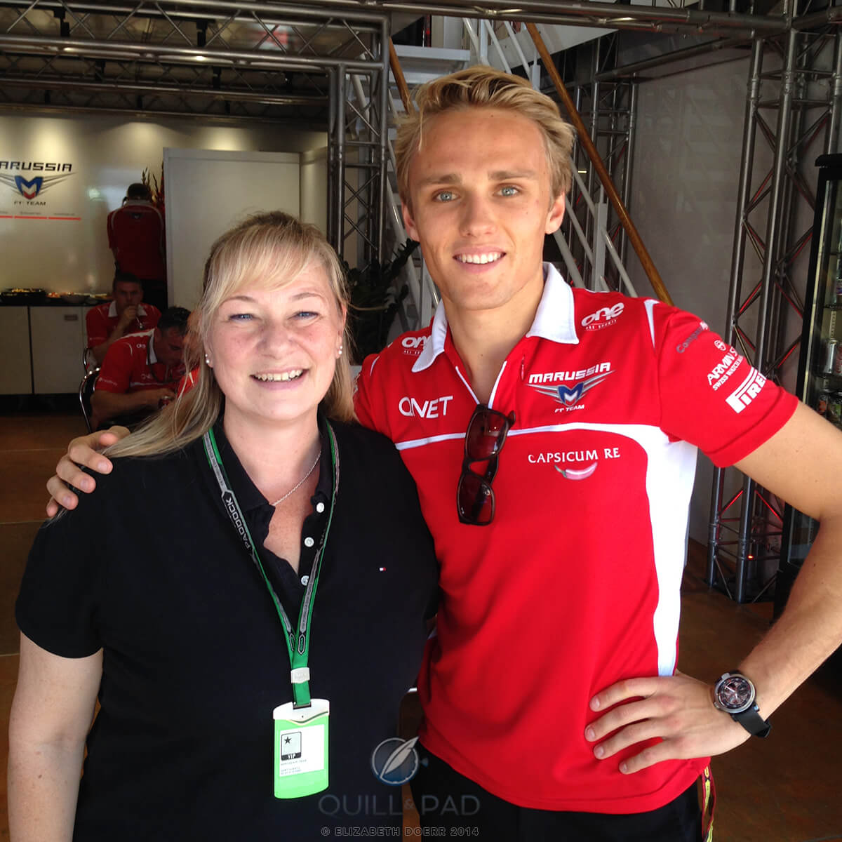 Your author Elizabeth Doerr with Marussia F1 driver Max Chilton