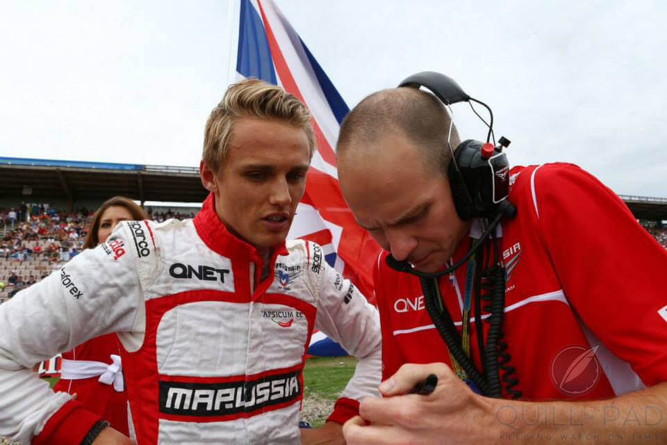 Marussia F1 driver Max Chilton with race engineer Gary Gannon on the grid at the 2014 Hockenheim Grand Prix