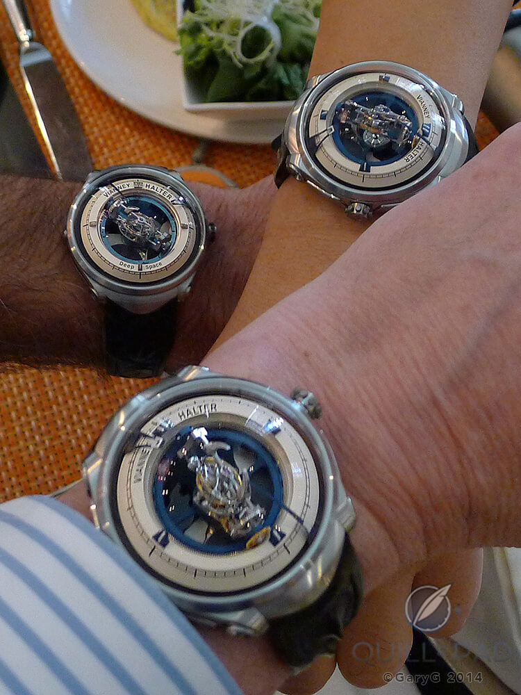 The Deep Space prototype and two finished watches on delivery day