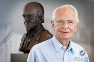 Walter Lange and a bust of his great-grandfather FerdinandAdolph in 2014