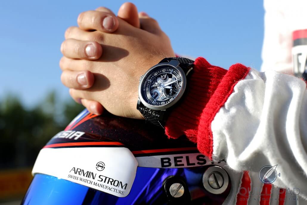 Max Chilton, driver for the now-defunct Marussia Formula 1 team, wearing his Armin Strom Racing Gravity