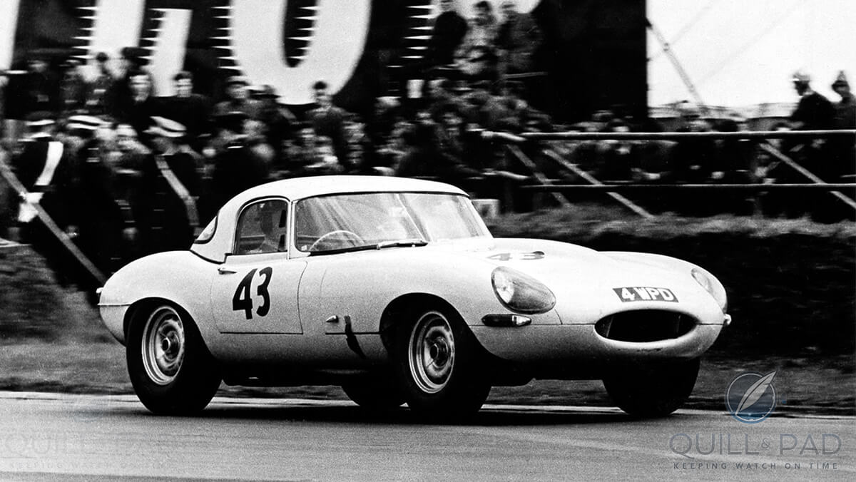 One of the original 12 Jaguar E-Type Lightweights racing at Silverstone in 1963