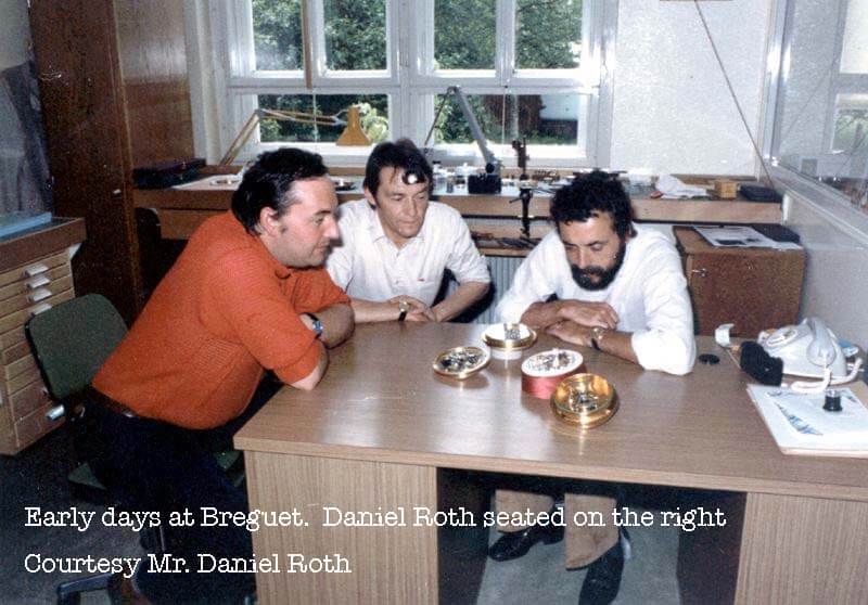 Team meeting discussing watchmaking at the early days of the modern Breguet (mid 1970s), Daniel Roth on the right