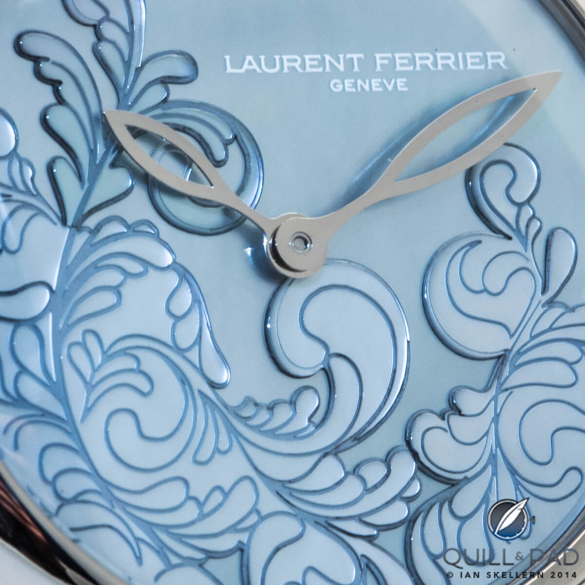 The exquisitely engraved mother-of-pearl dial of Lady F by Laurent Ferrier