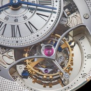Exquisite tourbillon details of the Jean Daniel Nicolas Two-Minute Tourbillon by Mr. Daniel Roth. You can just make out the gold second hand on the left of tourbillon cage pointing to 60 and the blued-steel hand on the right pointing to 0.